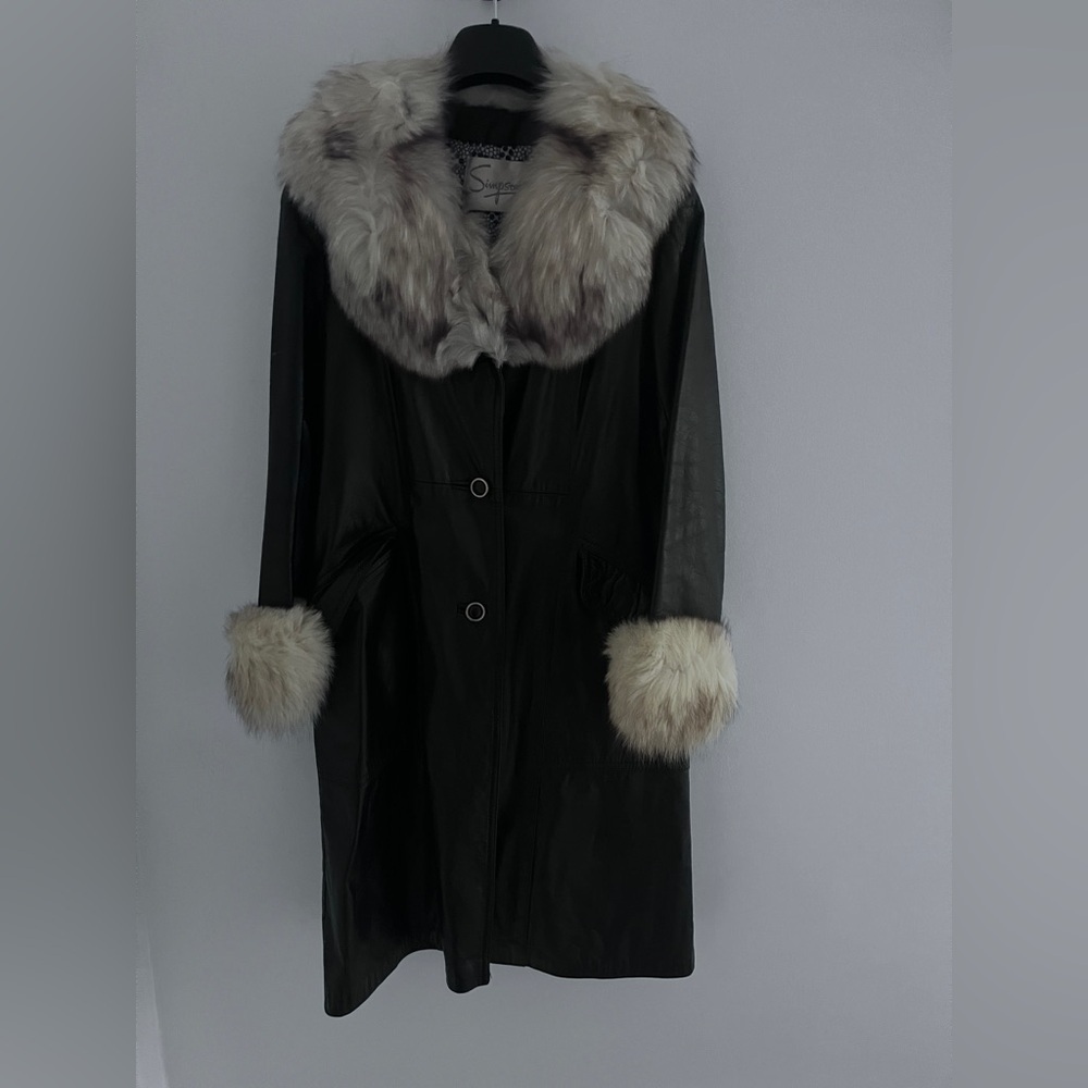 Vintage 1970’ Black 
Leather & Fur Belted Trench Coat with Fur Trim old money